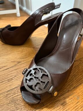 Tory Burch Women's Brown Leather platform Slingback Heels